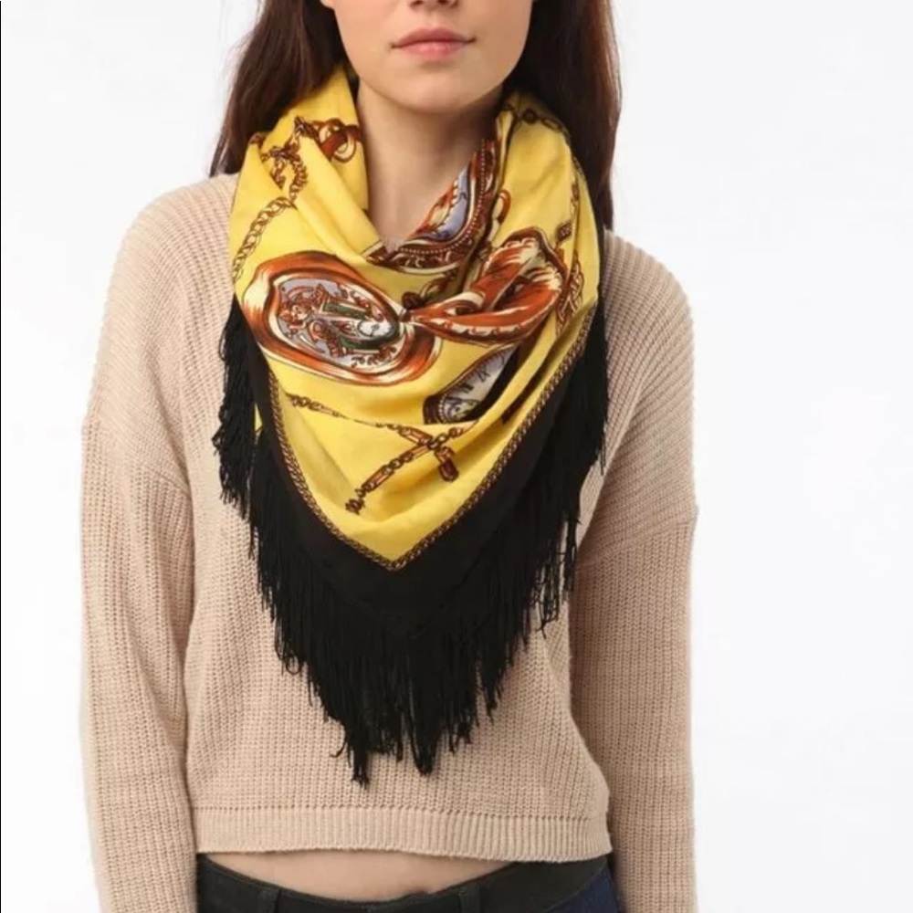 Cooperative Status Watch Chain Print Black Yellow Fringe Scarf